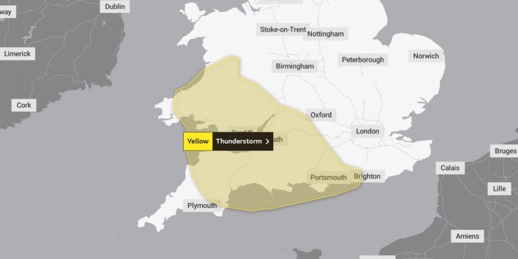 Yellow warning of thunderstorm affecting Wales