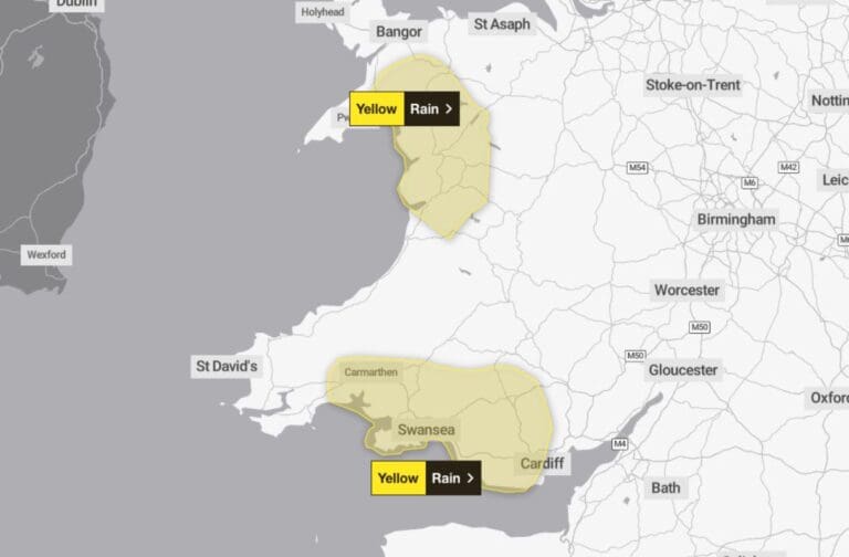 Yellow weather warning for heavy rain across parts of Wales