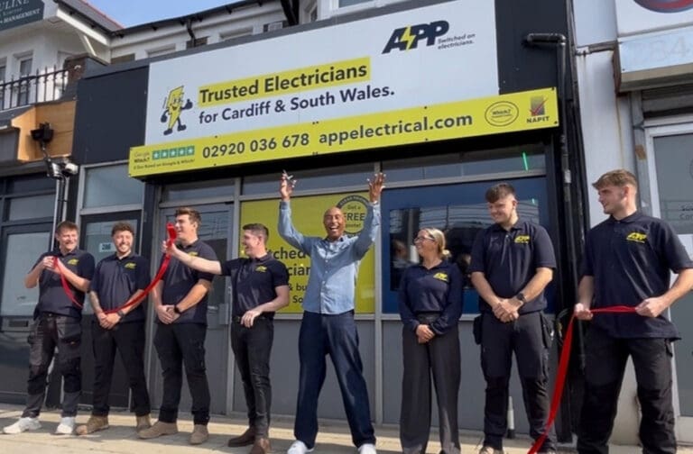 Colin Jackson opens new Cardiff office for growing electrical firm Colin Jackson CBE cuts the ribbon at APP Electrical's new North Road office in Cardiff