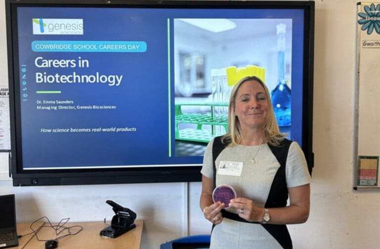 Dr Emma Saunders of Genesis Biosciences presenting at Cowbridge School