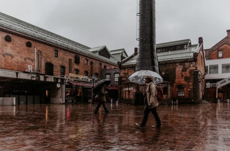 Transport for Wales names top rainy day attractions to visit by train People with umbrellas walking along a wet street beside brick buildings